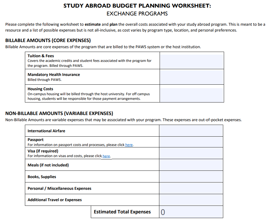 Exchange budget template